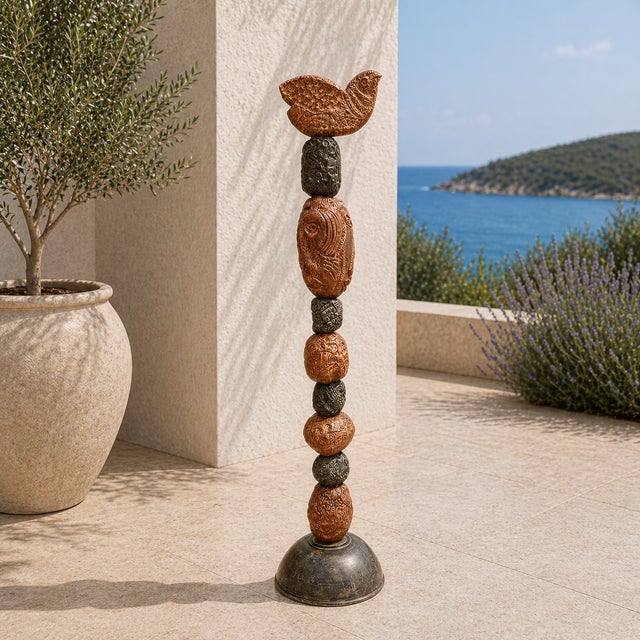 Marc Zimmerman "Stone Perch 2" Glazed Ceramic Totem, 60 Inches Tall, Rounded Earth Tone Forms, Bird Crown, Contemporary Art West Coast For Sale In Monterey, CA - Image 6 of 7
