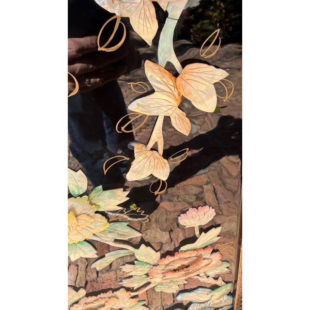 Late 20th Century Four-Panel Asian Lacquer Screen With Mother-of-Pearl Inlay, 72” H For Sale - Image 10 of 18