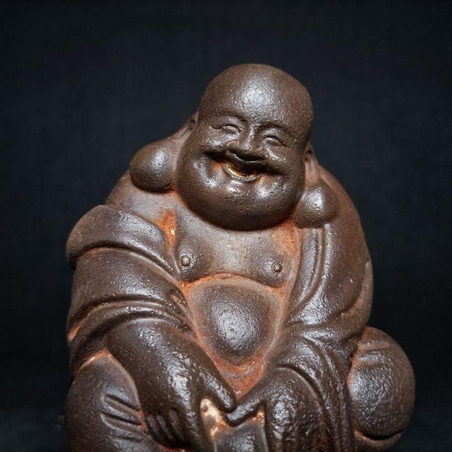 Cast Iron Laughing Maitreya Buddha Seated Statue, Happy Buddha Sculpture, Chinese Decorative Figurine For Sale - Image 6 of 7
