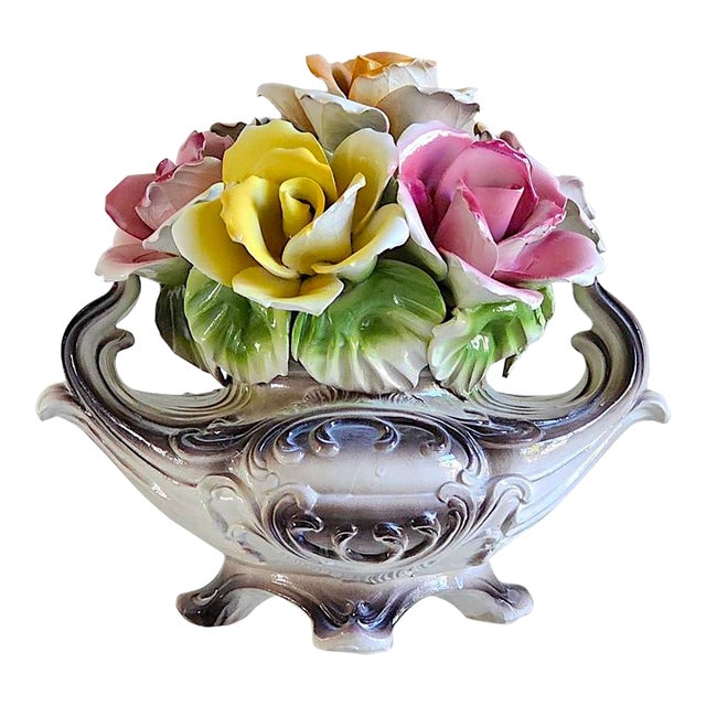 Vintage Italian Capodimonte Porcelain Rose Centerpiece Basket For Sale
