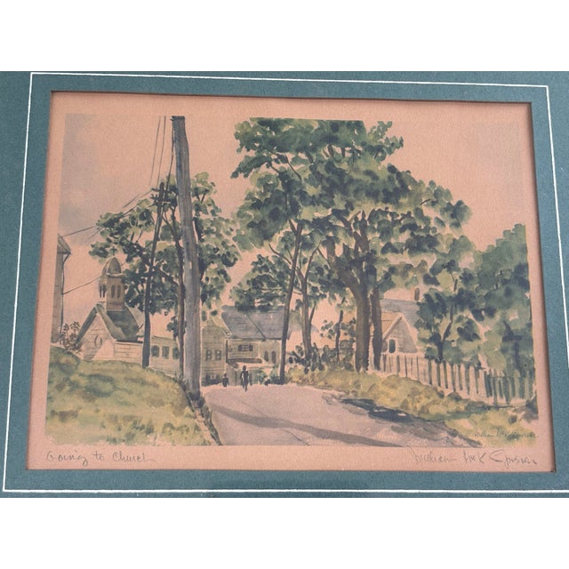 This charming early 20th-century American watercolor depicts a quiet rural road leading toward a small village church,...