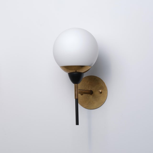 Italian Brass Black Lacquered Metal and Opaline Glass Globe Wall Sconce, 1950s For Sale - Image 4 of 8