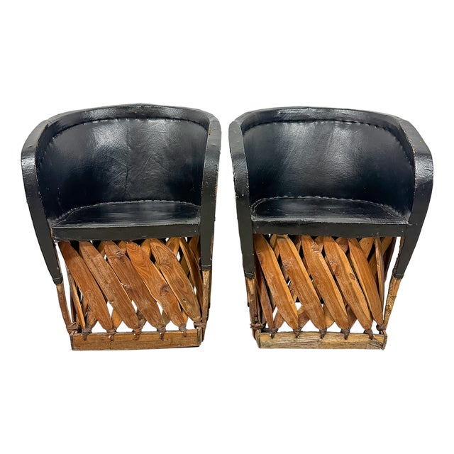 Vintage Equipale Barrel Tub Chairs in Black and Tan Leather, 1950s, Set of 2 For Sale