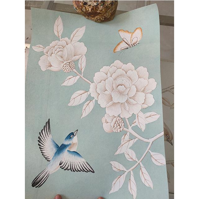 Chinoiserie Hand-Painted Chinoiserie Wallpaper Panels – Elegant Botanical Bird Mural, Soft Green Luxury Wall Art, 3 Panels 36x72” For Sale - Image 3 of 4