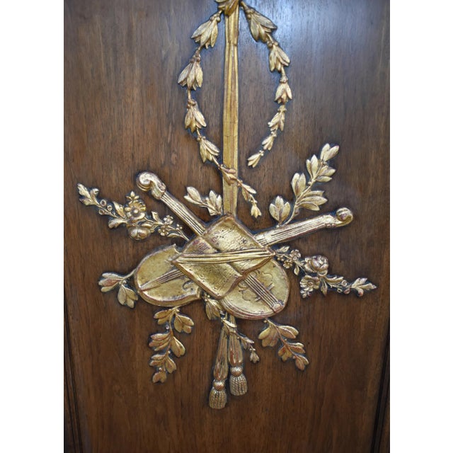 Brown Pair French Cabinet Doors Louis XVI Style Carved Gilt Musical Trophy Vintage For Sale - Image 8 of 12