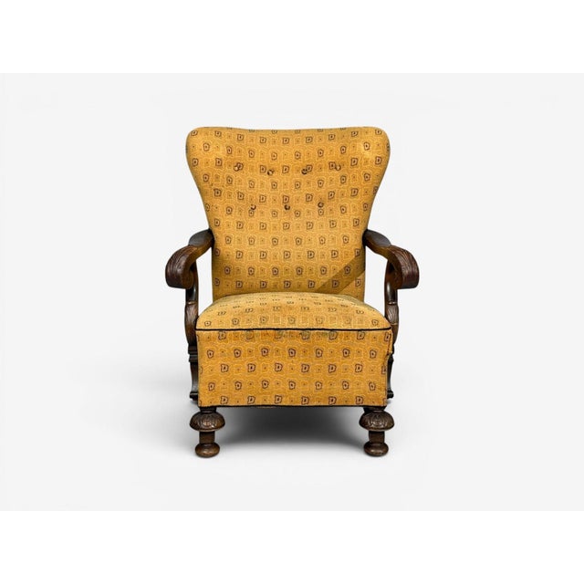 Mid-Century Modern Scandinavian Modern, Lounge Chair, Carved Wood, Fabric, Denmark, 1960s For Sale - Image 3 of 12