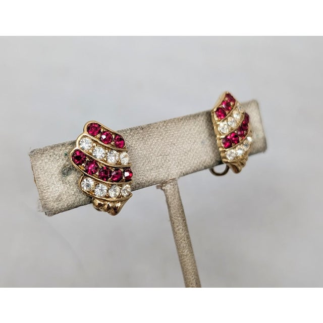 American Vintage 1980s Signed Trifari Goldtone Faux-Ruby & Clear Rhinestone Clip Earrings-2 Pieces For Sale - Image 3 of 7