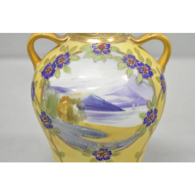 Antique Nippon Hand Painted Porcelain Moriage Mountain Scene Small Yellow Vase For Sale - Image 4 of 12