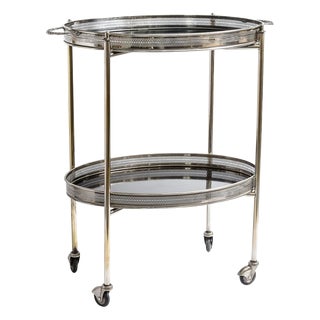 French Silver Plated Oval Drinks/Bar Folding Cart W/ 2 Gallery Trays For Sale