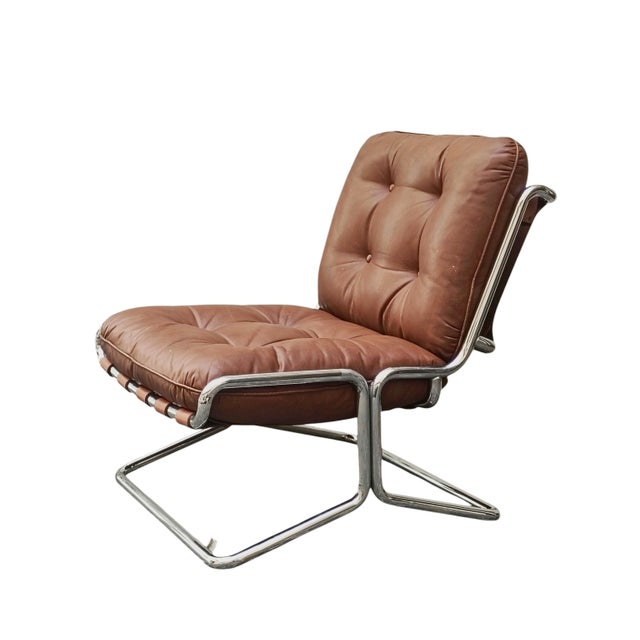 Brown Brown Leather Lounge Armchair with Chrome-Plated Steel Tubular Frame, Italy, 1970s For Sale - Image 8 of 8