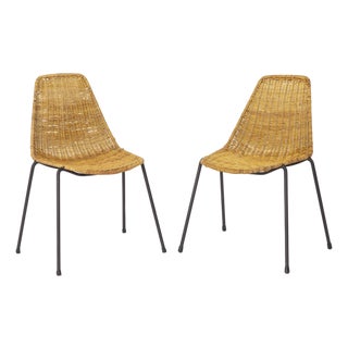 Mid-Century Swiss Rattan Metal and Wicker Basket Chairs by Gianfranco Legler, 1950s, Set of 2 For Sale