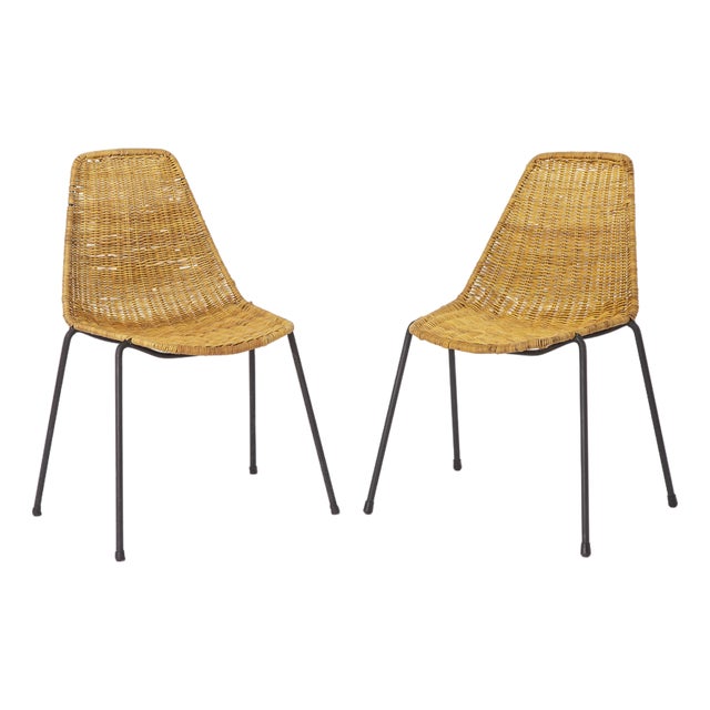 Mid-Century Swiss Rattan Metal and Wicker Basket Chairs by Gianfranco Legler, 1950s, Set of 2 For Sale