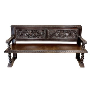 Spanish Carved Wood Bench With Barley Twist Legs, 20th Century For Sale