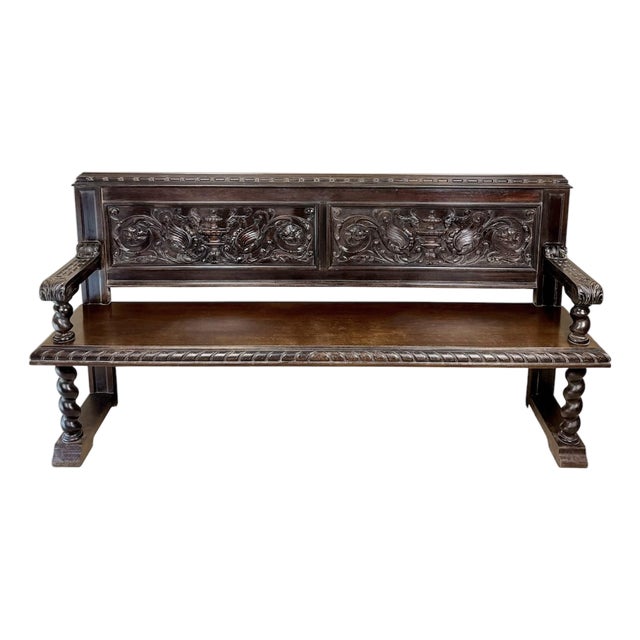 Spanish Carved Wood Bench With Barley Twist Legs, 20th Century For Sale