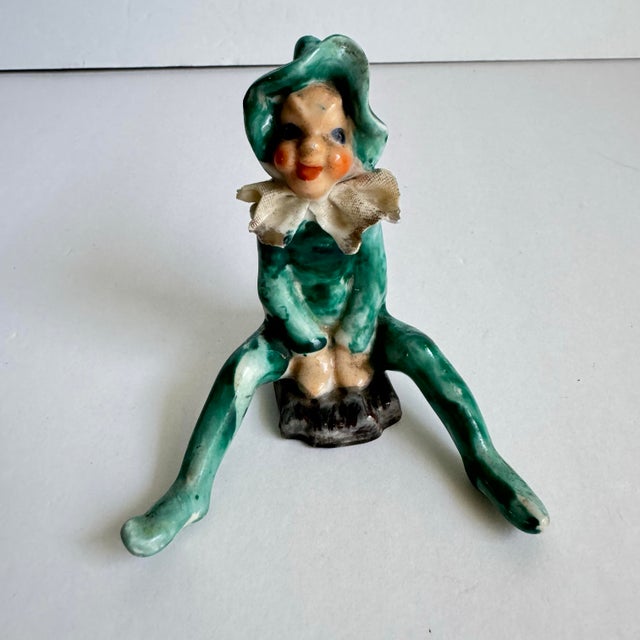 Ceramic Vintage Pixie Elf Occupied Japan Green Figurines Fairy Jester a Pair For Sale - Image 7 of 10