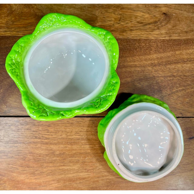 Vintage Green Cabbage Lidded Pottery Bowls - a Pair For Sale In Orlando - Image 6 of 9