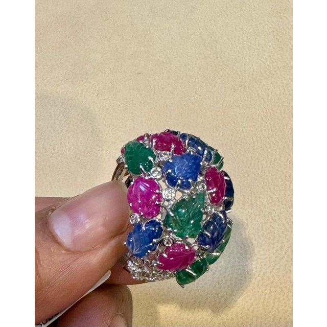 Art Deco Huge Tutti Frutti 18K Ring, Natural Emeralds, Rubies, Sapphires Diamonds Size 9 For Sale - Image 3 of 18