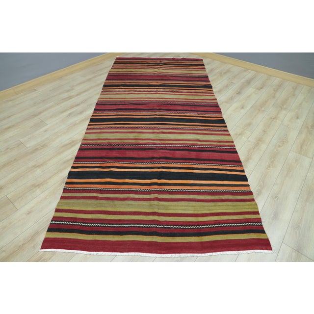 Textile 1970s Rustic Burgundy Striped Large Kilim Rug For Sale - Image 7 of 13
