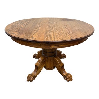 Vintage 48 Inch Round Quarter Sawn Oak Lion Paw Claw Foot Pedestal Dining Table For Sale