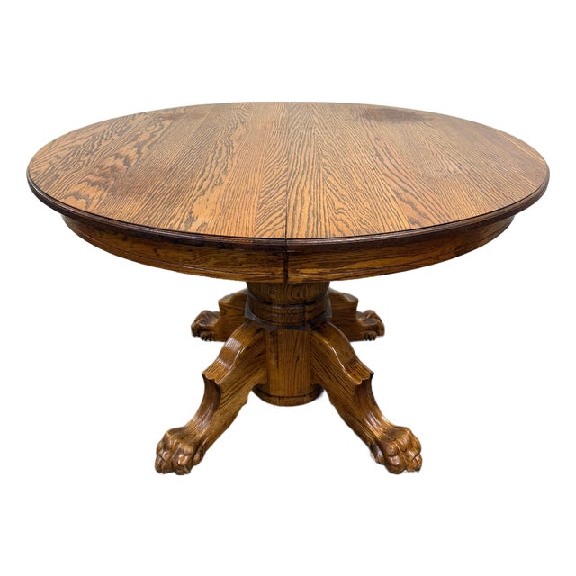 Vintage 48 Inch Round Quarter Sawn Oak Lion Paw Claw Foot Pedestal Dining Table For Sale