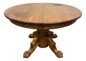 Vintage 48 Inch Round Quarter Sawn Oak Lion Paw Claw Foot Pedestal Dining Table