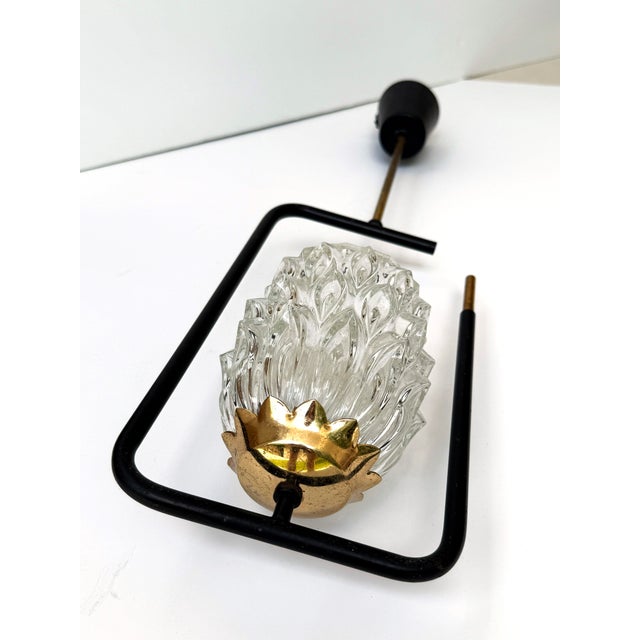 French Mid-Century Modern Black Metal, Brass & Pressed Glass Pendant Light, France, 1950s For Sale In Buffalo - Image 6 of 7