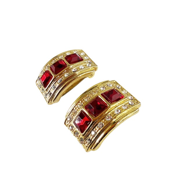 Vintage Cilp -on Goldstone Rhinstone Ruby and Diamond Earrings For Sale - Image 4 of 6