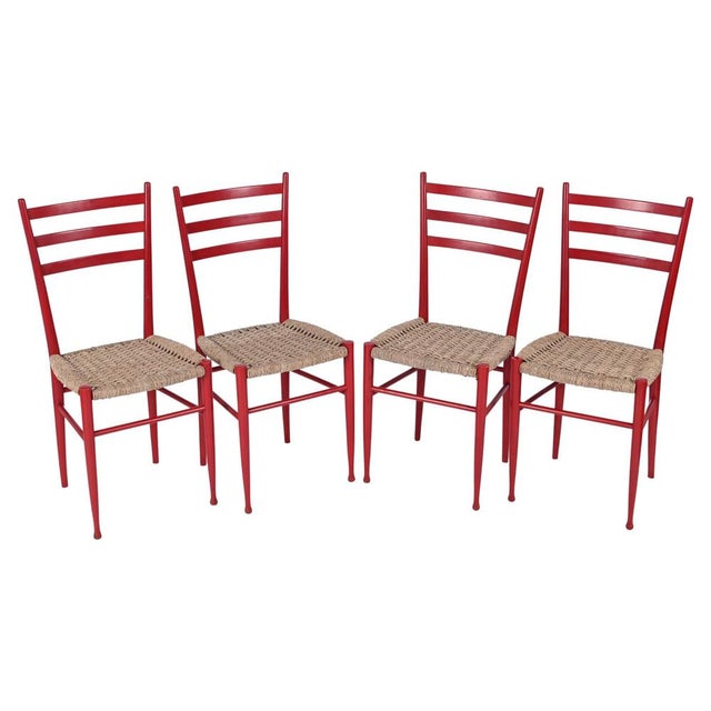 Chiavarine Chairs in Red Stained Beech and Bamboo Rope, Italy, 1950s, Set of 4 For Sale - Image 15 of 18