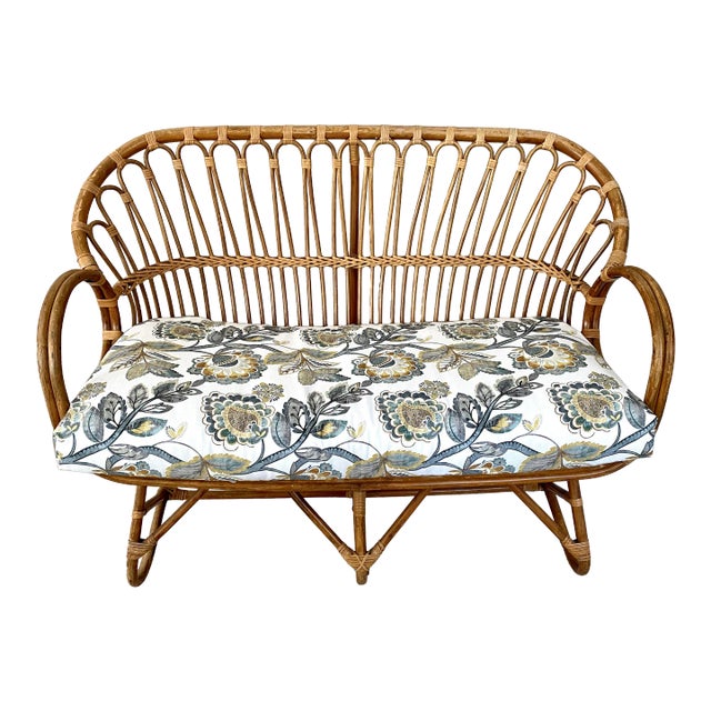 Mid-Century French Bamboo & Rattan Settee Bench For Sale
