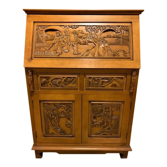 Vintage Indonesian Hand Carved Teak Wood Secretary Desk Chairish