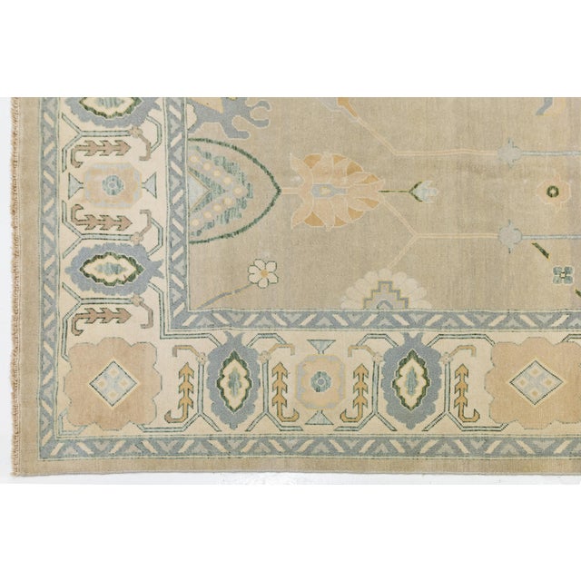 Modern Oushak Wool Rug Handmade in Muted Tones With Geometric Medallion Design For Sale In New York - Image 6 of 11