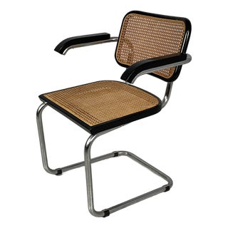 Mid-Century Modern Italian Chair with Armrest in Straw, Black Wood, and Steel, 1960s For Sale