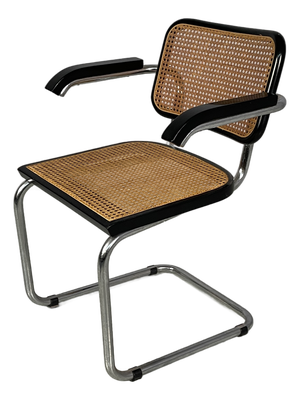 Mid-Century Modern Italian Chair with Armrest in Straw, Black Wood, and Steel, 1960s