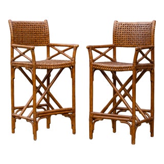 Pair of McGuire Style Rattan and Leather Barstools For Sale