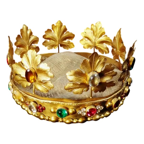 Large Crown of the Virgin in Gilded Brass and Colored Glass Cabochon, 19th Century For Sale
