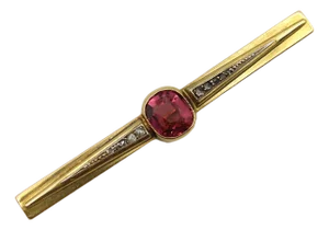 Late 19th Century French 18k Gold Brooch With Bezel Set Tourmaline and Diamonds