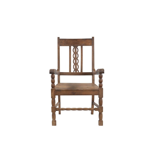 This Vintage Anglo-Indian Teakwood Armchair is handcrafted from solid teakwood, featuring a distinctive combination of...