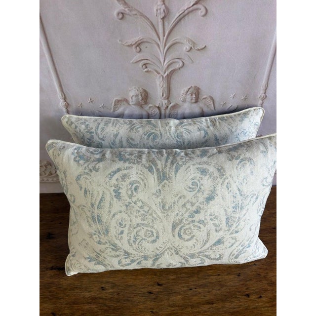 Aqua Pair of Custom Printed Linen Lumbar Pillows in Faded Aqua Baroque Damask For Sale - Image 8 of 10