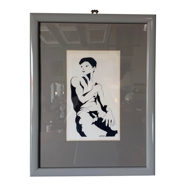 1980s Vintage Figurative Sitting Nude Man Painting on Paper by Whitman, Framed For Sale