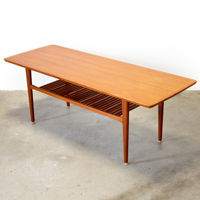 Mid-Century Modern Danish Teak Coffee Table With Slatted Lower Shelf For Sale - Image 3 of 9