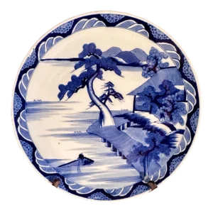 Antique Japanese Edo Period Chinoiserie Blue & White Porcelain Large 18” Bowl Plate Platter