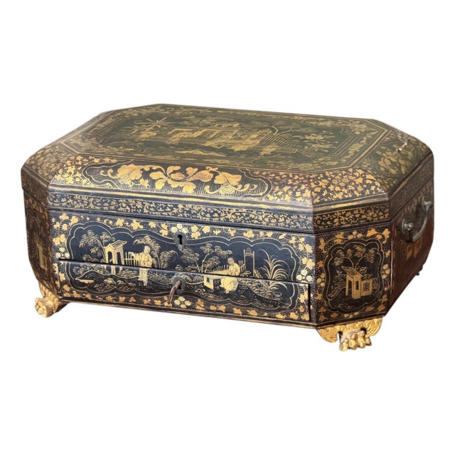 Early 19th Century Chinese Export Lacquer Sewing Box With Original Carved Bone Contents For Sale