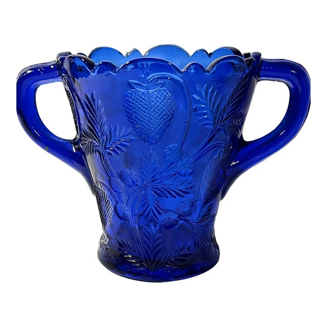 Vintage Mosser Cobalt Blue Pressed Glass Inverted Strawberry Double Handled Vase For Sale