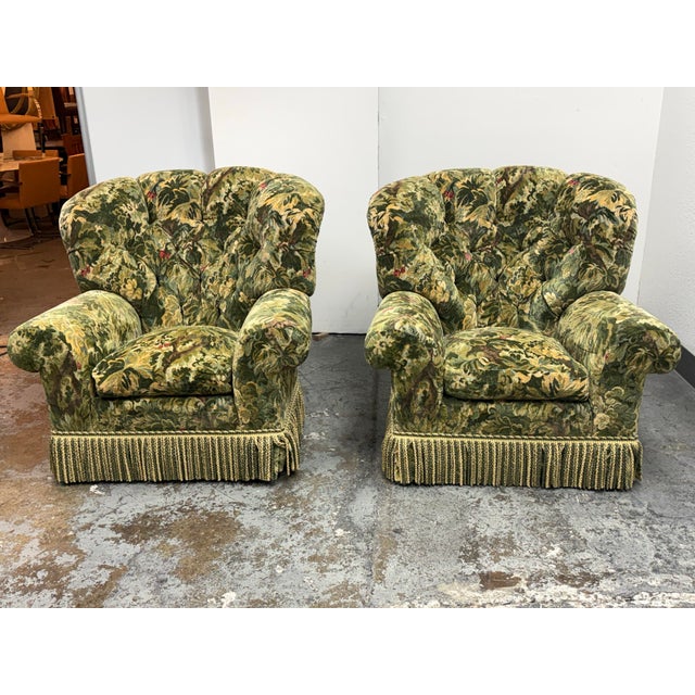 Design Plus Gallery presents a Pair of Floral Upholstered Armchairs by Summer Hill Ltd. Each chair has a rounded lounge...