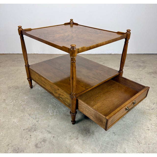 Baker Furniture Company Vintage Baker Furniture French Regency Louis XVI Style Burled Walnut Two-Tier Side Table For Sale - Image 4 of 12