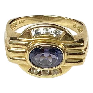 Purple Tanzanite 14k Yellow Gold and Diamond Ring For Sale