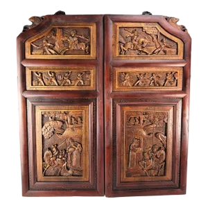 Chinese Carved Door Panels Lacquer Wood Wall Panel Art 33"