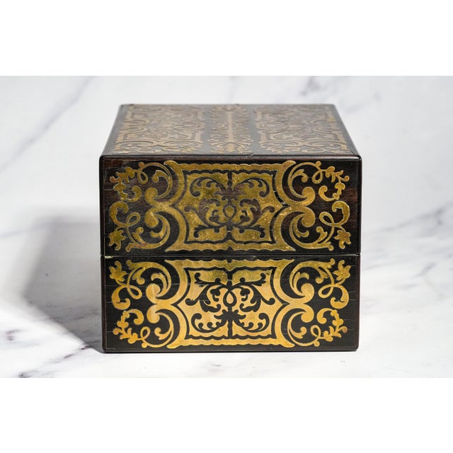 Stately Victorian Antique Ebonized Wood & Brass Boulle Inlaid Lady’s Dressing Box With Sterling Silver Crystal Bottles Home Decor For Sale - Image 17 of 18