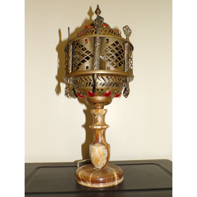 Vintage Moroccan Middle Eastern Turkish Jeweled Brass Table Lamp Marble Base For Sale - Image 11 of 16