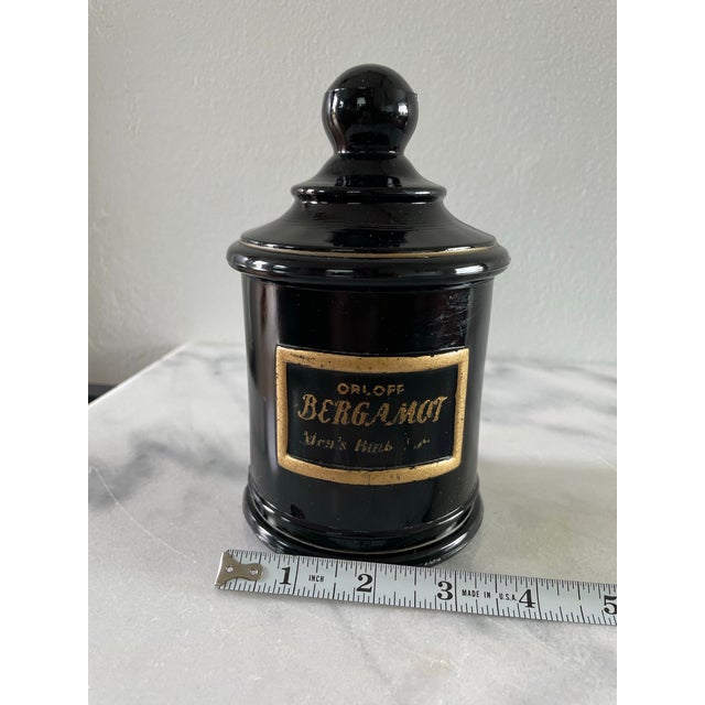 Black Vintage Black Glass Apothecary Jar Jean Vivaudou Co. Orloff Bergamot Men's Bath Talc For Sale - Image 8 of 9